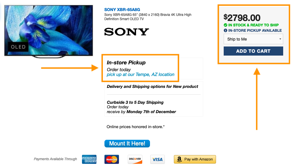 Screenshot of In-Store Pickup product on website